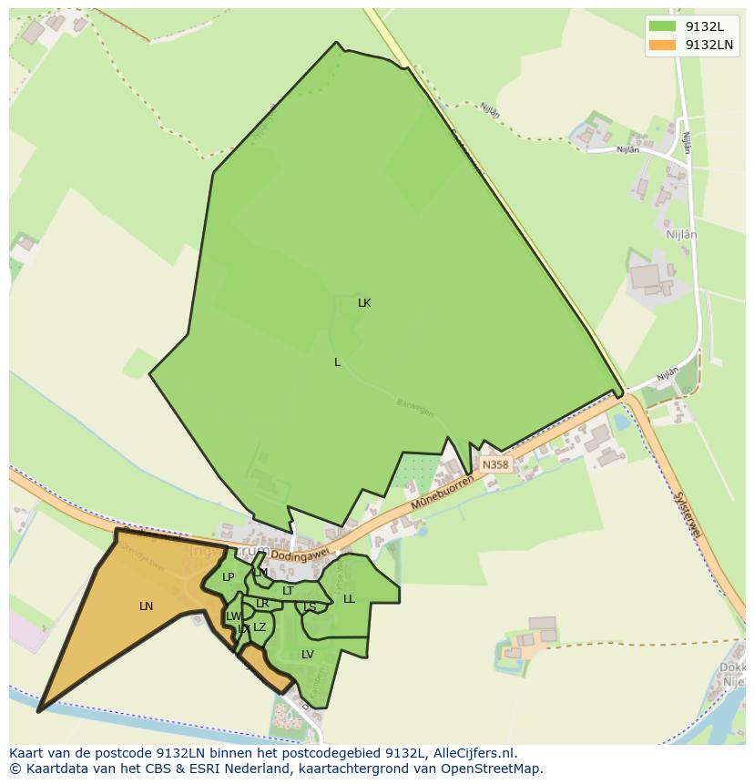Afbeelding van het postcodegebied 9132 LN op de kaart.