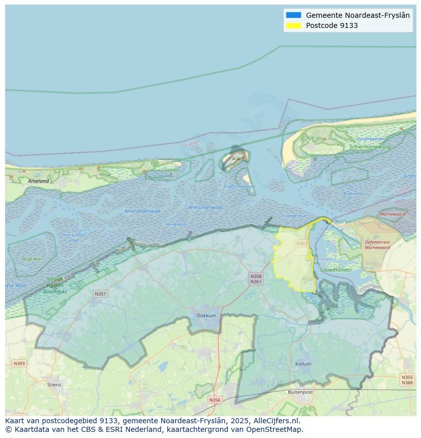Afbeelding van het postcodegebied 9133 op de kaart.