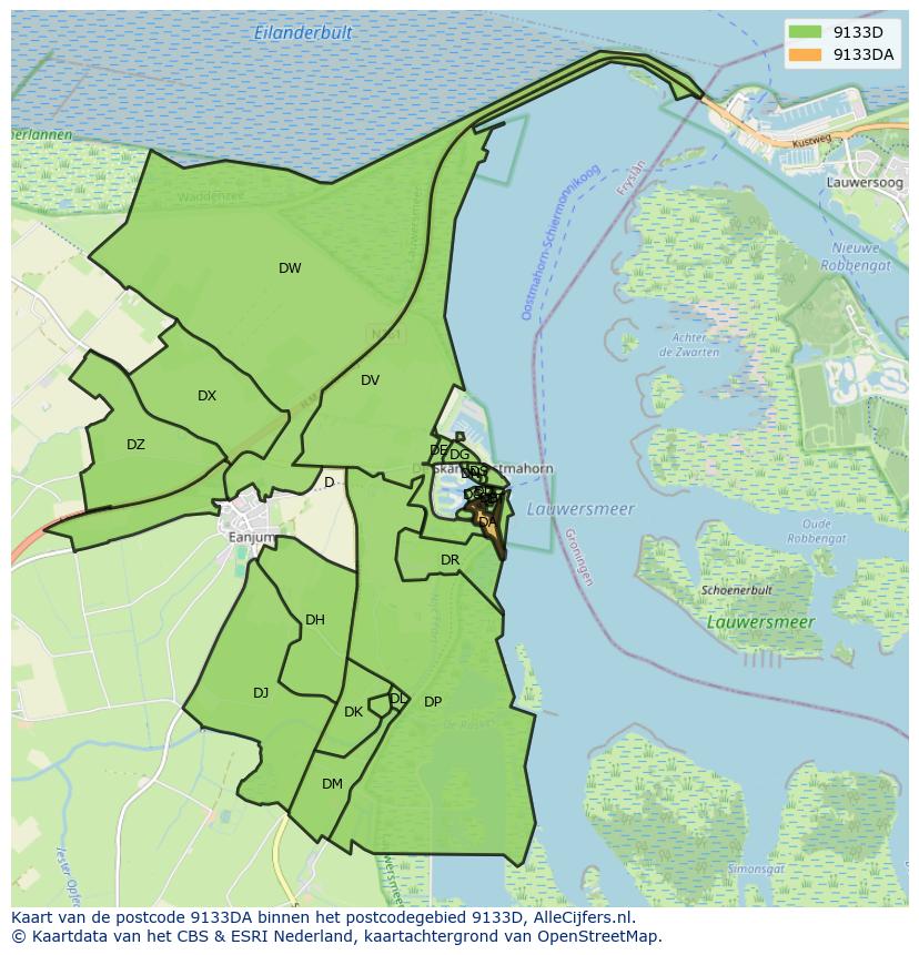 Afbeelding van het postcodegebied 9133 DA op de kaart.