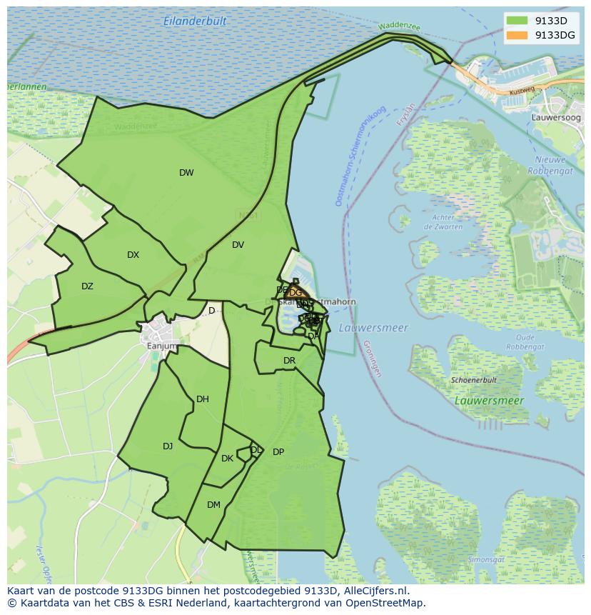 Afbeelding van het postcodegebied 9133 DG op de kaart.