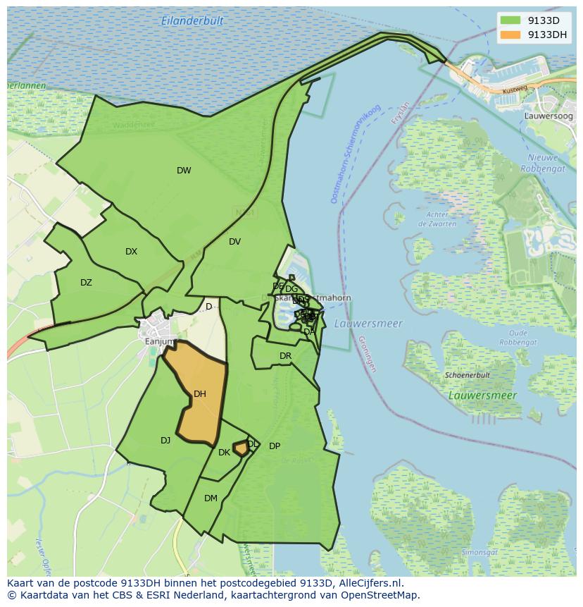 Afbeelding van het postcodegebied 9133 DH op de kaart.