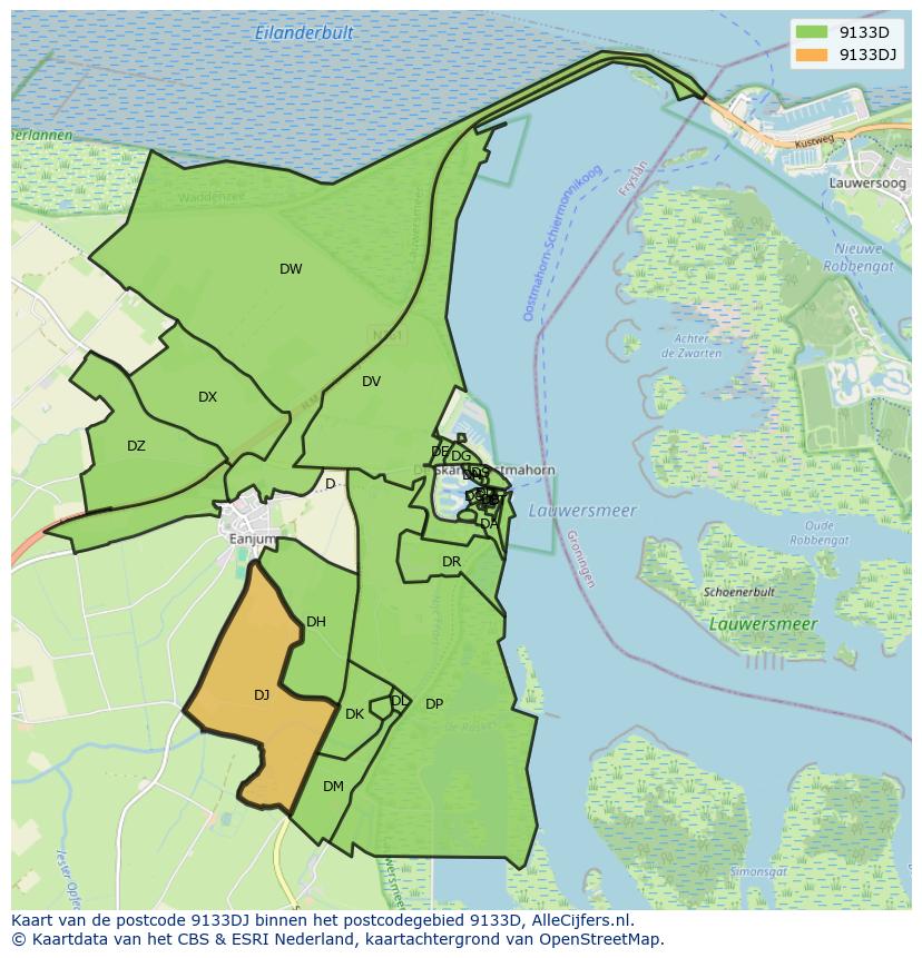 Afbeelding van het postcodegebied 9133 DJ op de kaart.