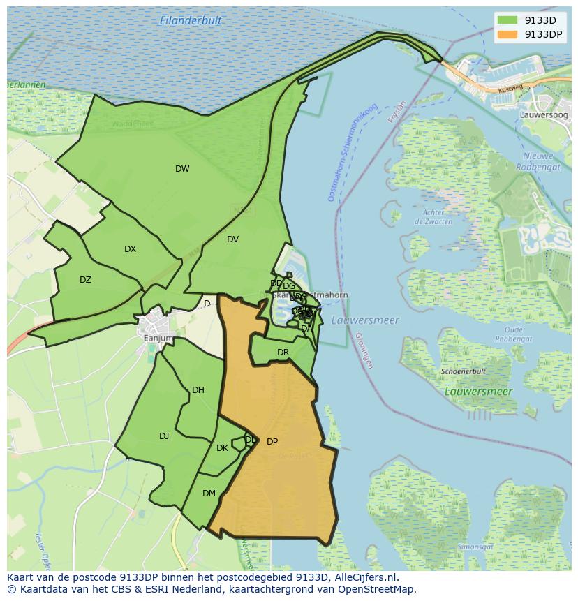 Afbeelding van het postcodegebied 9133 DP op de kaart.
