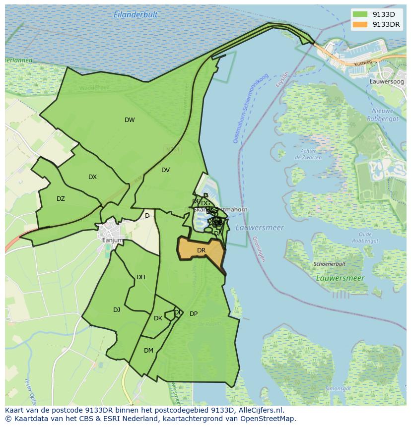 Afbeelding van het postcodegebied 9133 DR op de kaart.