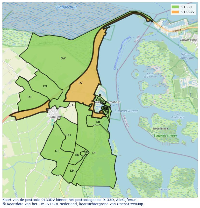 Afbeelding van het postcodegebied 9133 DV op de kaart.