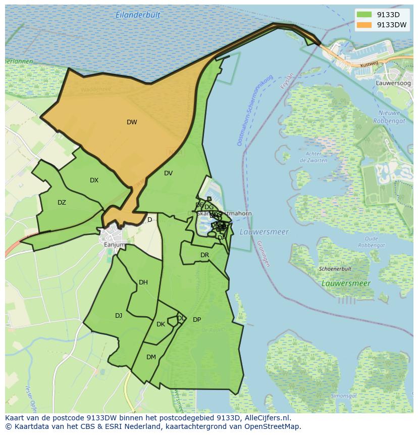Afbeelding van het postcodegebied 9133 DW op de kaart.