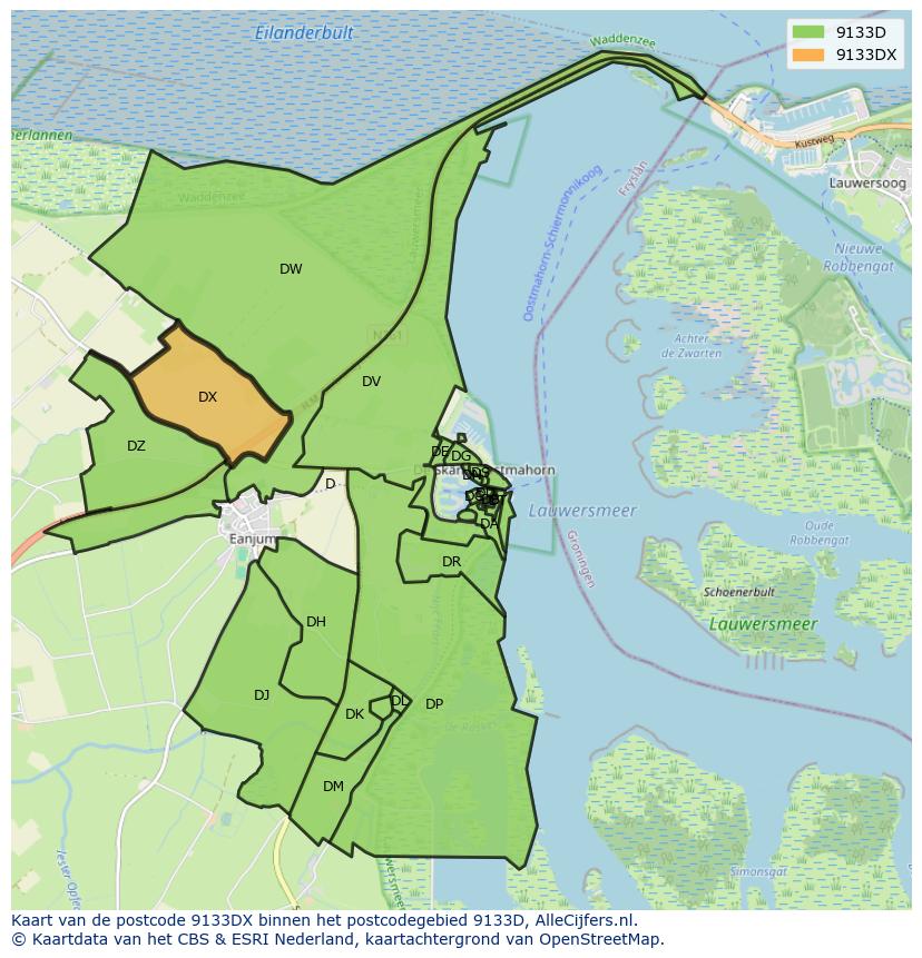 Afbeelding van het postcodegebied 9133 DX op de kaart.