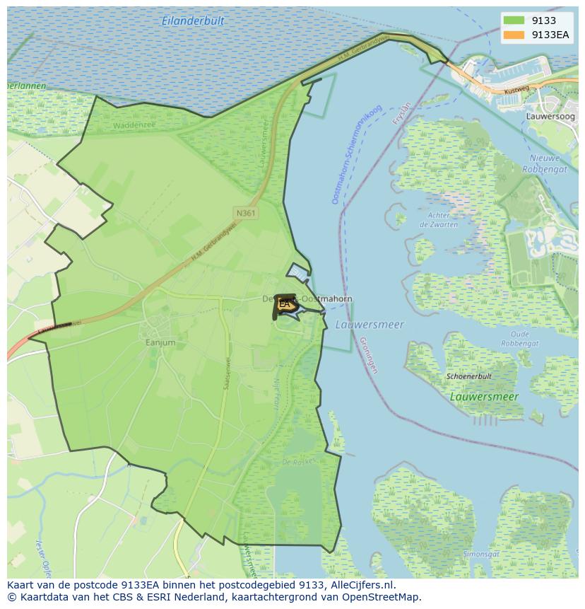 Afbeelding van het postcodegebied 9133 EA op de kaart.