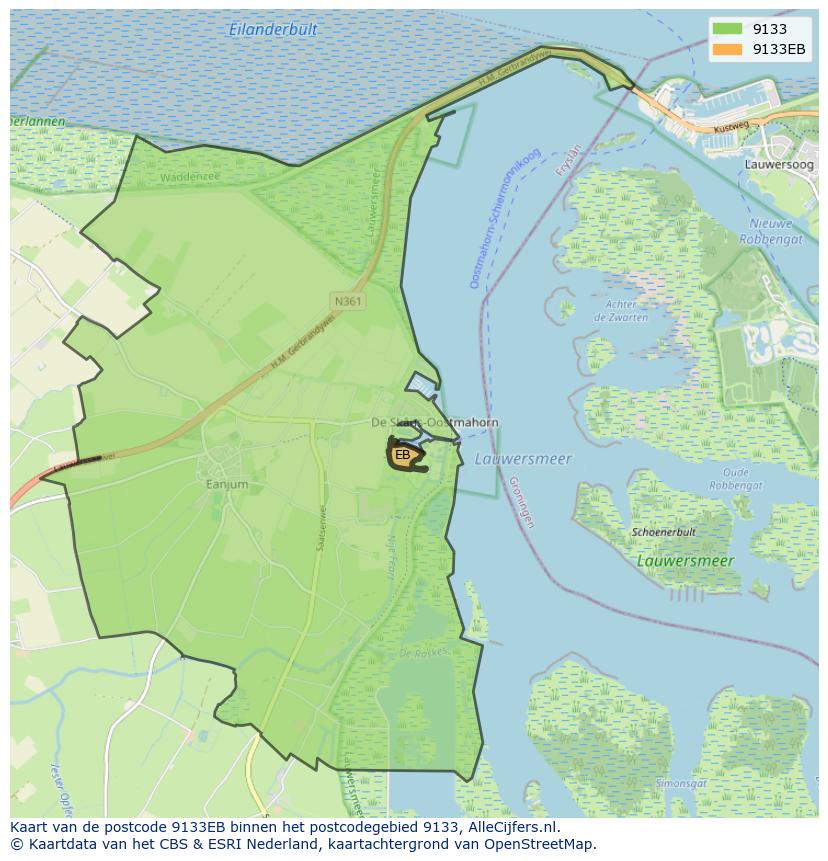 Afbeelding van het postcodegebied 9133 EB op de kaart.