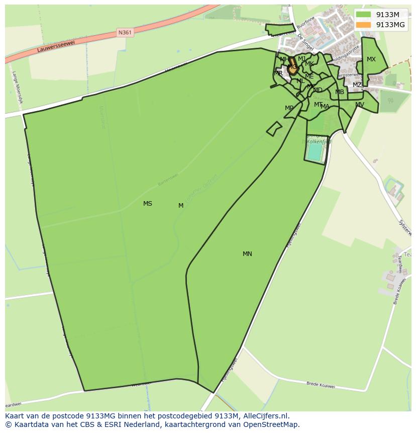 Afbeelding van het postcodegebied 9133 MG op de kaart.