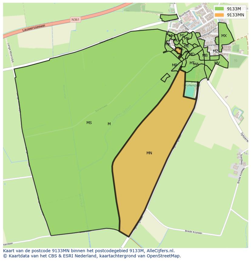 Afbeelding van het postcodegebied 9133 MN op de kaart.