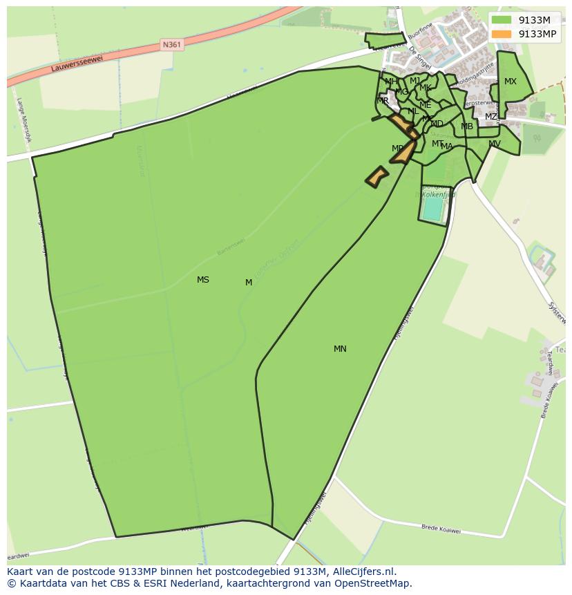 Afbeelding van het postcodegebied 9133 MP op de kaart.