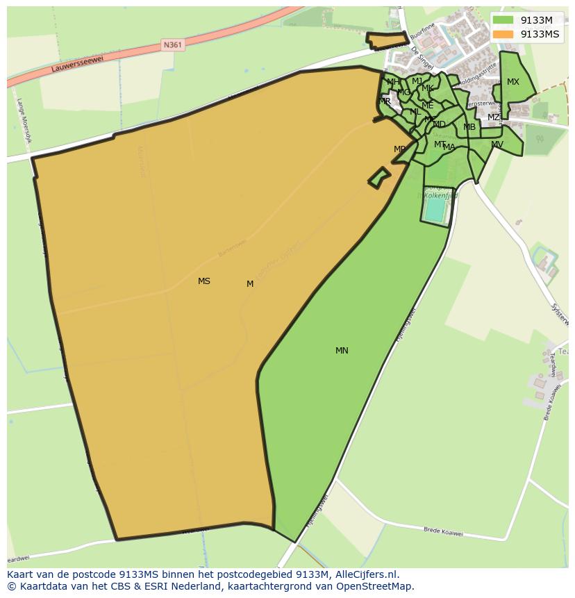 Afbeelding van het postcodegebied 9133 MS op de kaart.