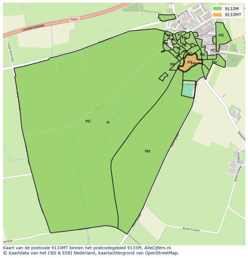 Afbeelding van het postcodegebied 9133 MT op de kaart.
