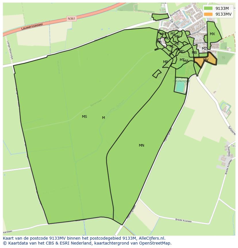 Afbeelding van het postcodegebied 9133 MV op de kaart.