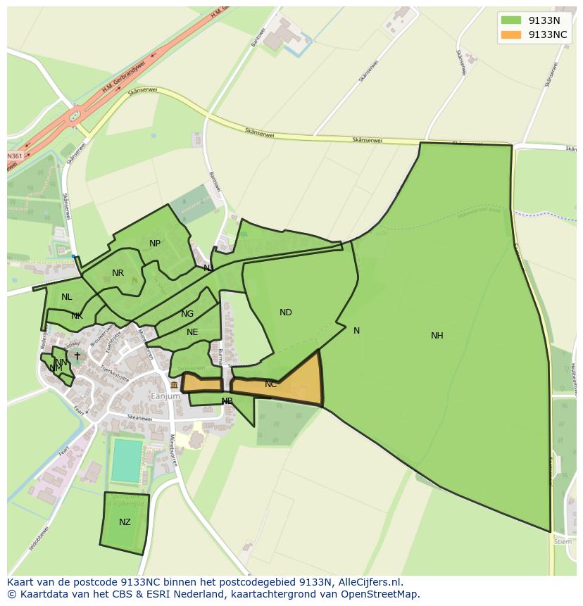 Afbeelding van het postcodegebied 9133 NC op de kaart.
