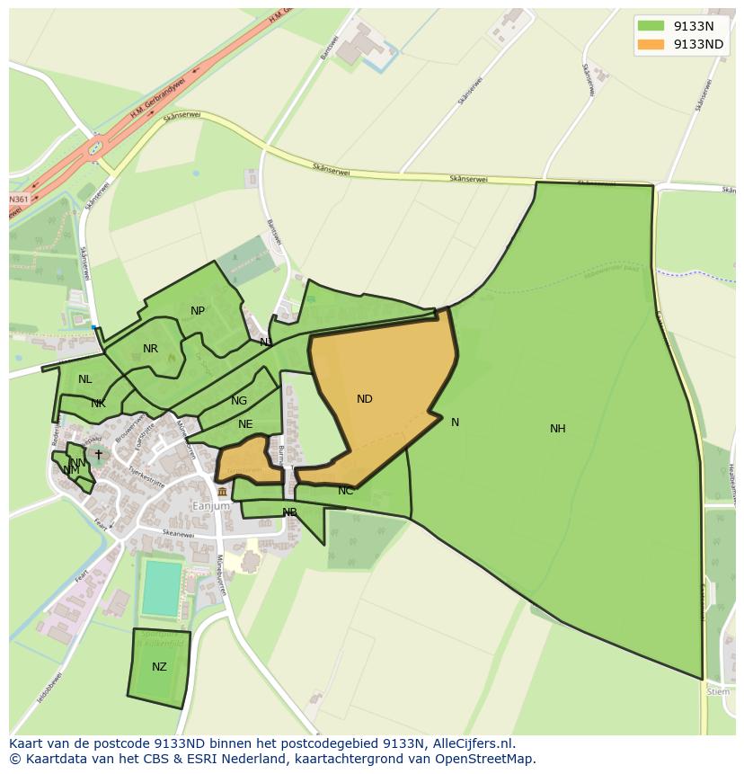 Afbeelding van het postcodegebied 9133 ND op de kaart.