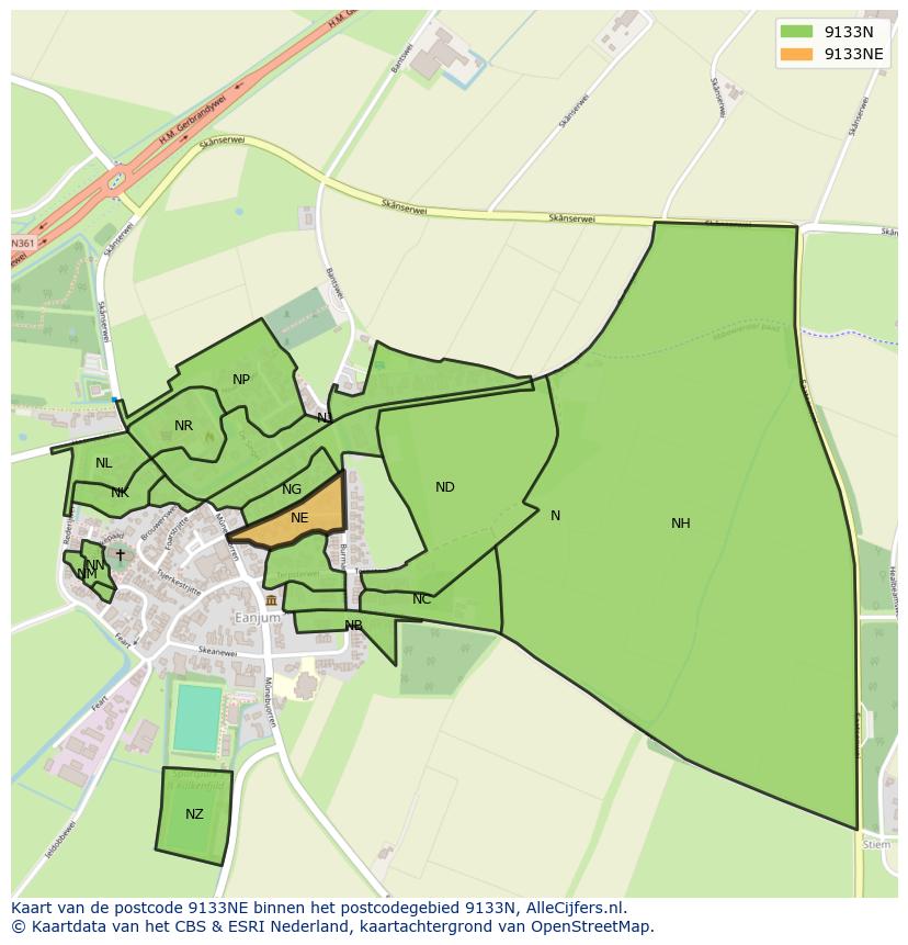 Afbeelding van het postcodegebied 9133 NE op de kaart.
