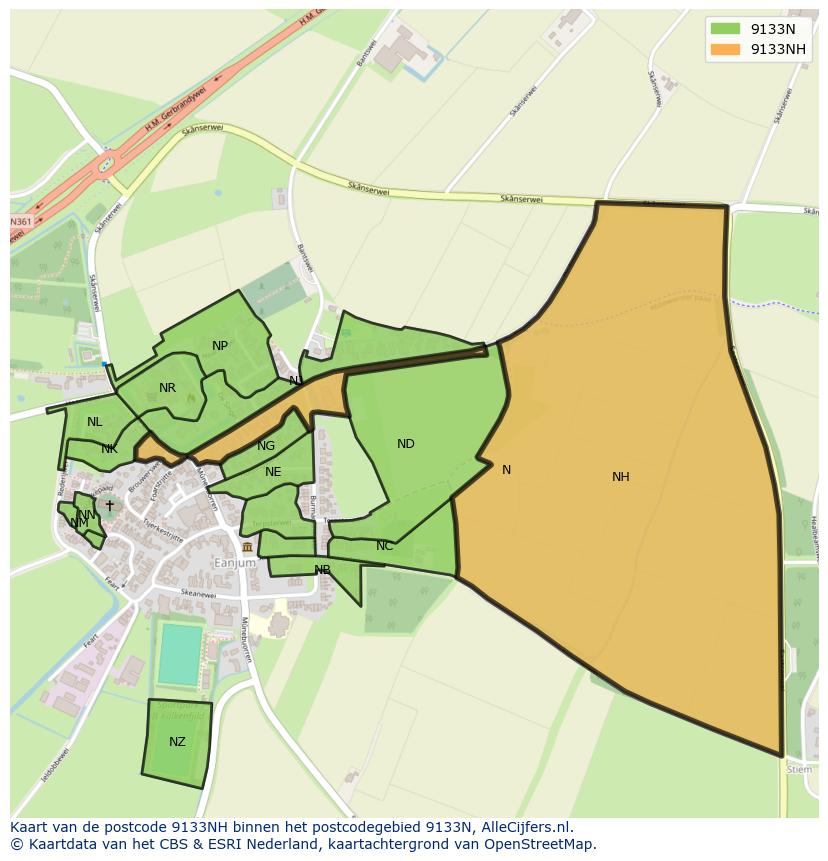 Afbeelding van het postcodegebied 9133 NH op de kaart.