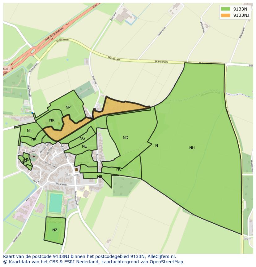 Afbeelding van het postcodegebied 9133 NJ op de kaart.