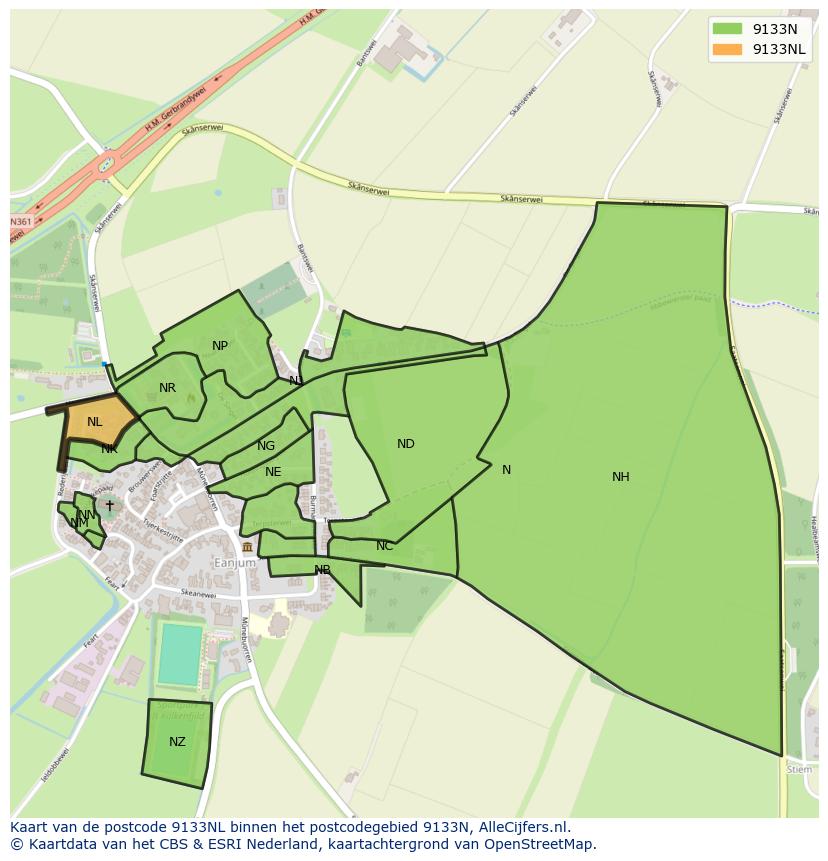 Afbeelding van het postcodegebied 9133 NL op de kaart.