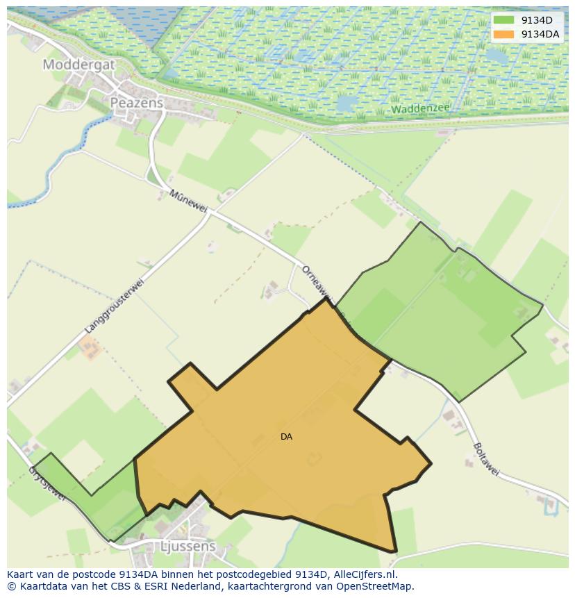 Afbeelding van het postcodegebied 9134 DA op de kaart.