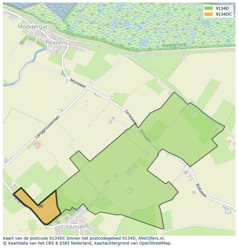 Afbeelding van het postcodegebied 9134 DC op de kaart.