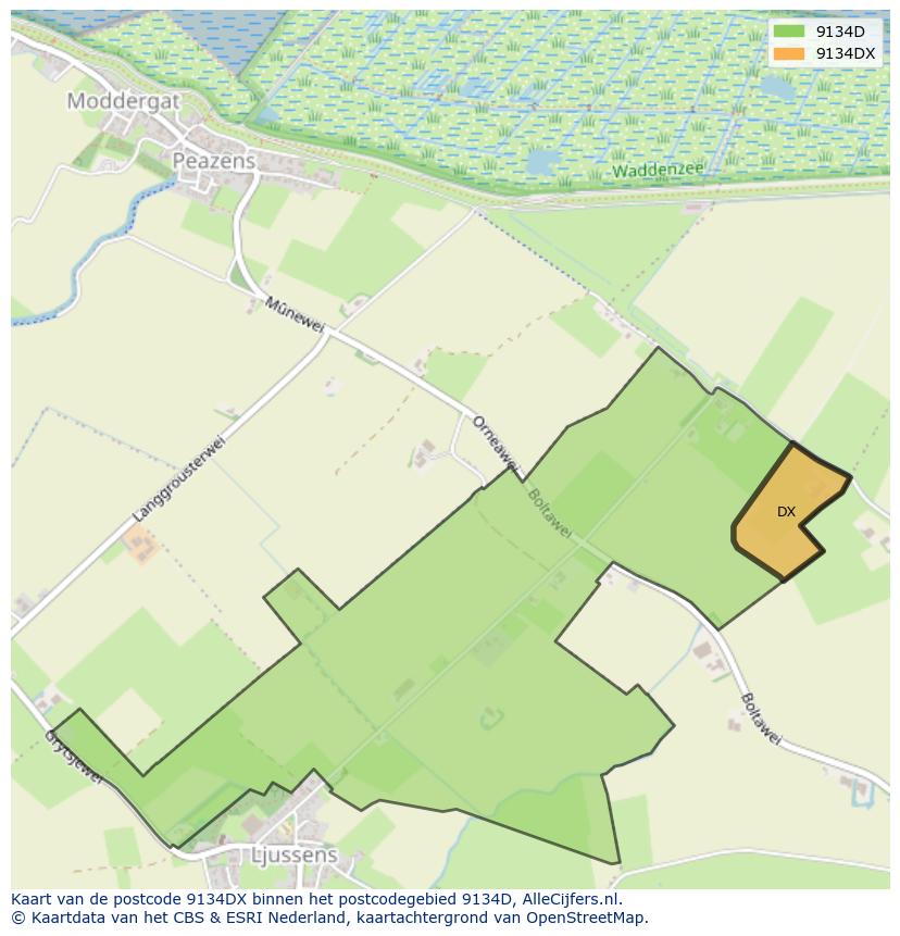 Afbeelding van het postcodegebied 9134 DX op de kaart.