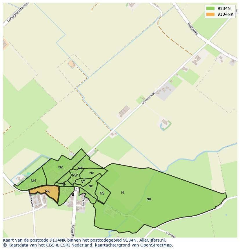 Afbeelding van het postcodegebied 9134 NK op de kaart.