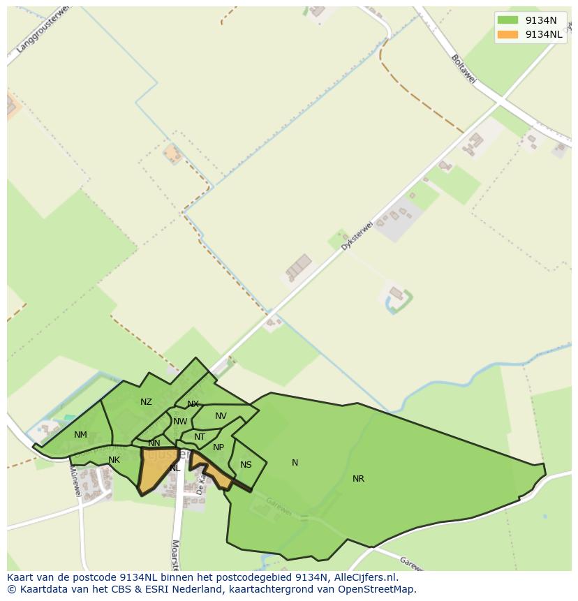 Afbeelding van het postcodegebied 9134 NL op de kaart.