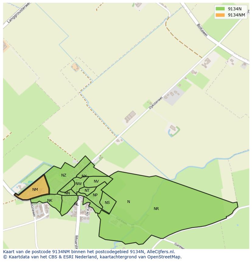 Afbeelding van het postcodegebied 9134 NM op de kaart.