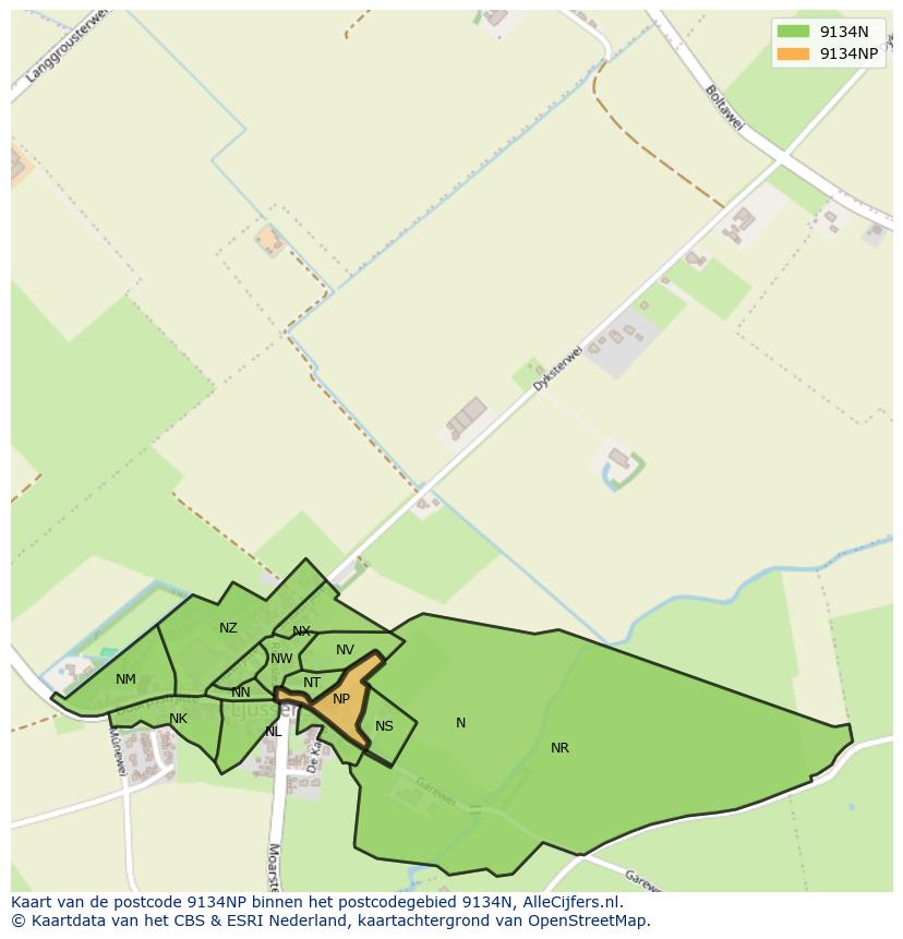 Afbeelding van het postcodegebied 9134 NP op de kaart.