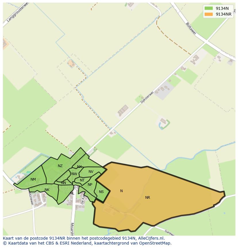 Afbeelding van het postcodegebied 9134 NR op de kaart.