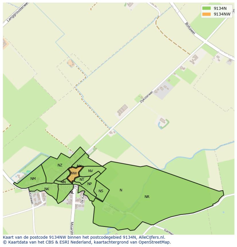 Afbeelding van het postcodegebied 9134 NW op de kaart.