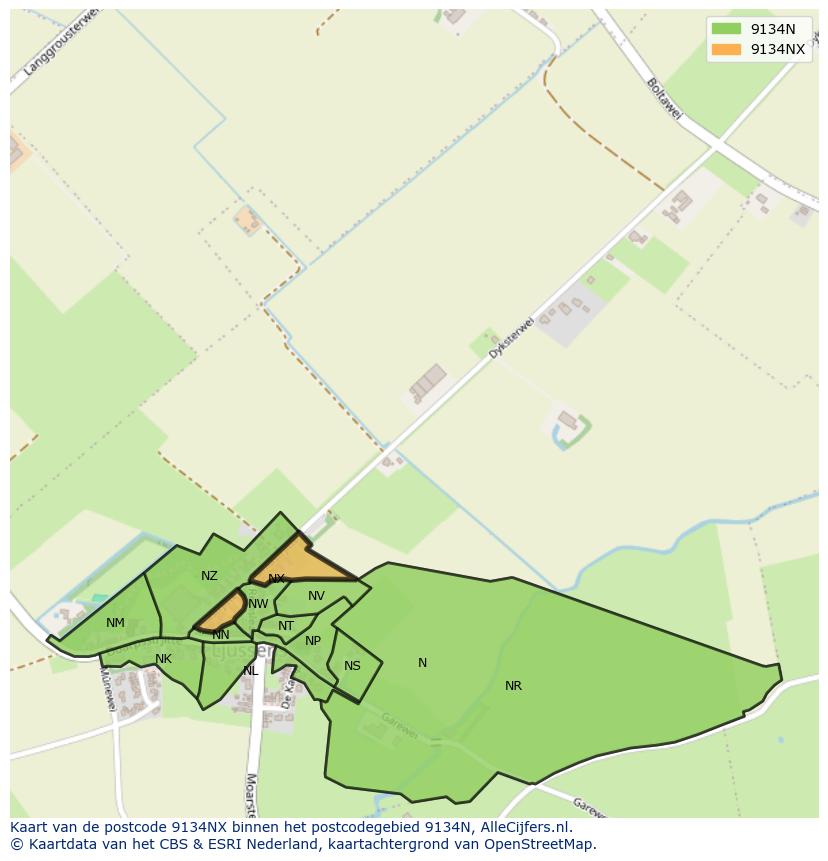 Afbeelding van het postcodegebied 9134 NX op de kaart.