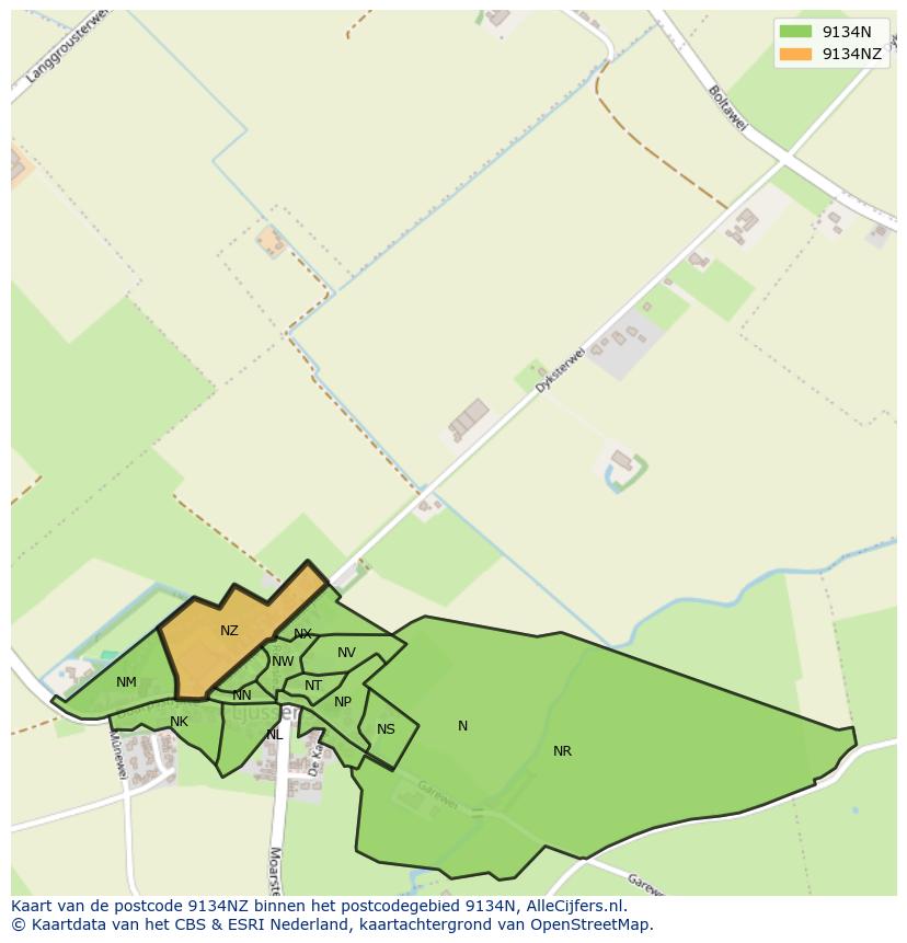 Afbeelding van het postcodegebied 9134 NZ op de kaart.