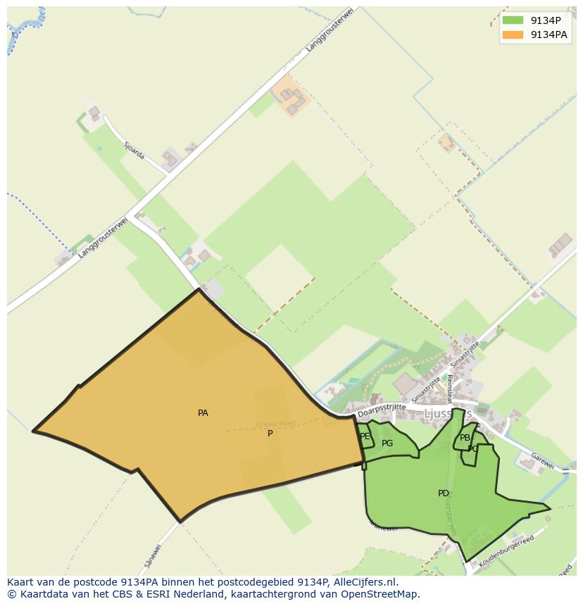 Afbeelding van het postcodegebied 9134 PA op de kaart.