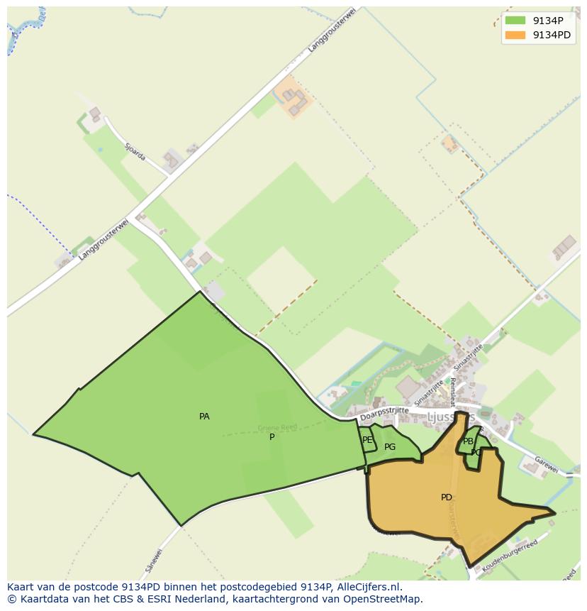 Afbeelding van het postcodegebied 9134 PD op de kaart.
