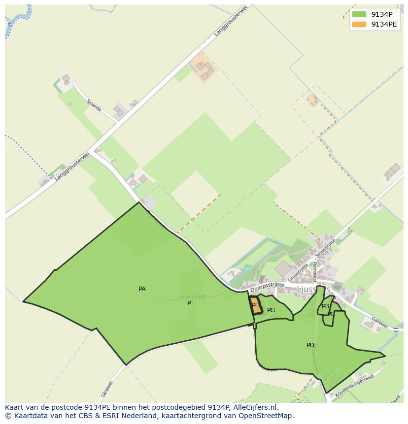 Afbeelding van het postcodegebied 9134 PE op de kaart.