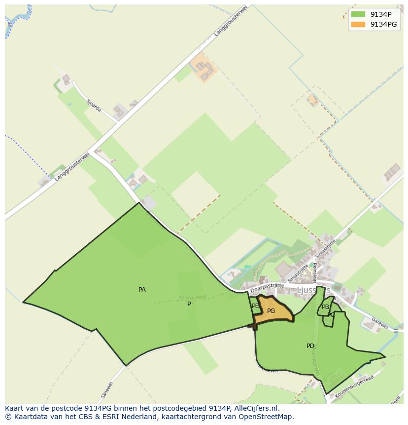 Afbeelding van het postcodegebied 9134 PG op de kaart.