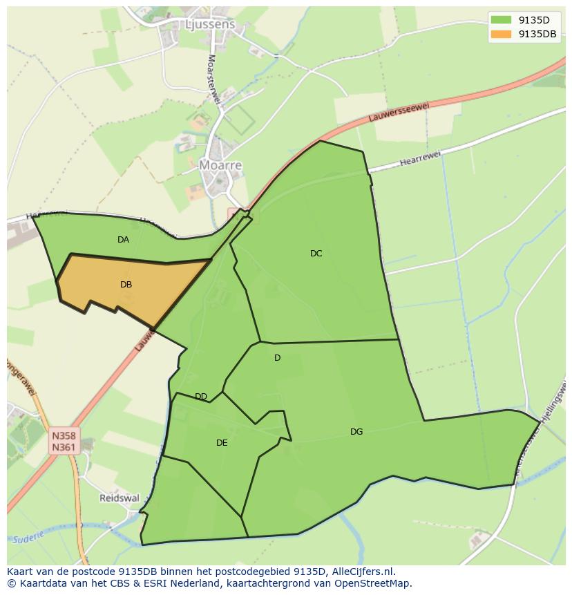 Afbeelding van het postcodegebied 9135 DB op de kaart.