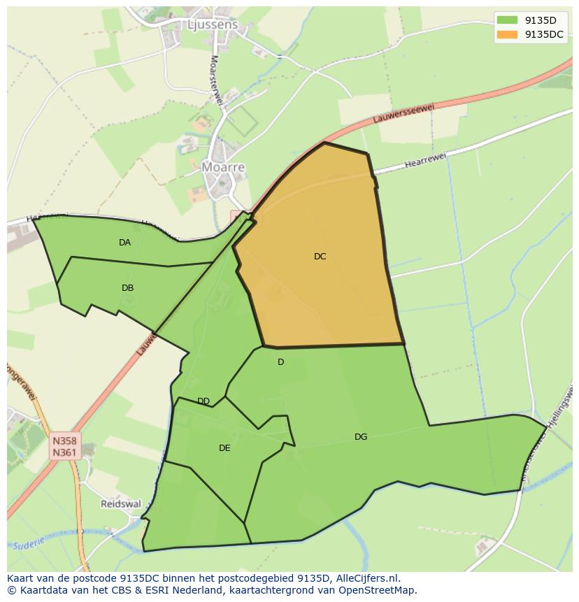Afbeelding van het postcodegebied 9135 DC op de kaart.