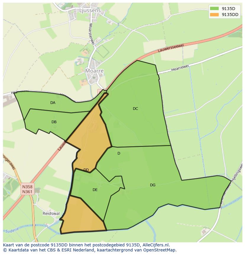 Afbeelding van het postcodegebied 9135 DD op de kaart.