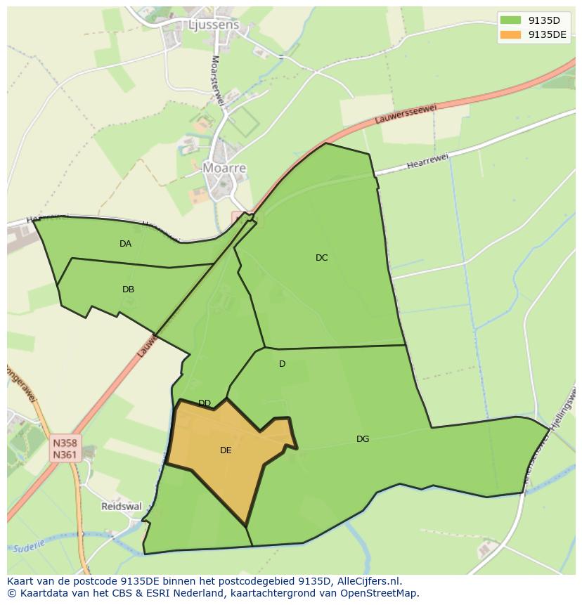 Afbeelding van het postcodegebied 9135 DE op de kaart.