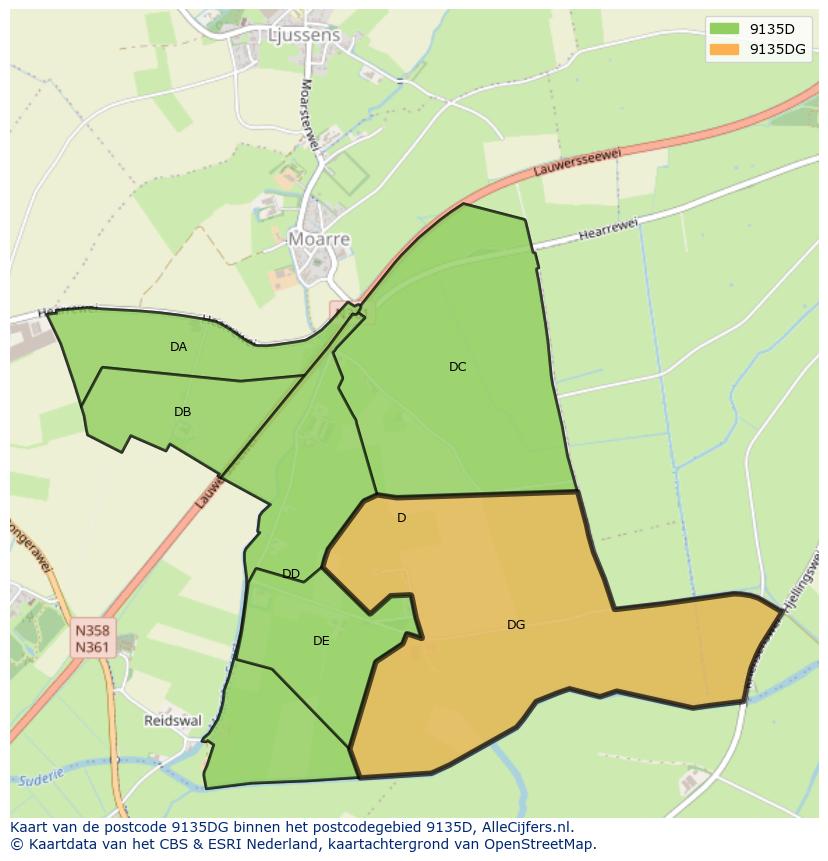 Afbeelding van het postcodegebied 9135 DG op de kaart.
