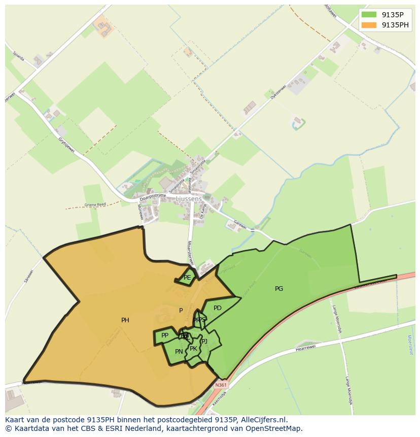Afbeelding van het postcodegebied 9135 PH op de kaart.