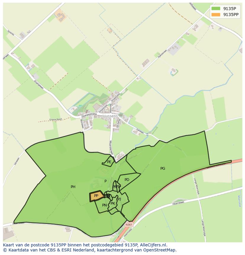 Afbeelding van het postcodegebied 9135 PP op de kaart.