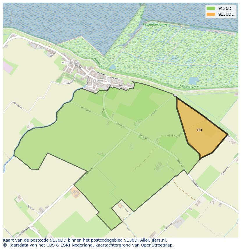 Afbeelding van het postcodegebied 9136 DD op de kaart.