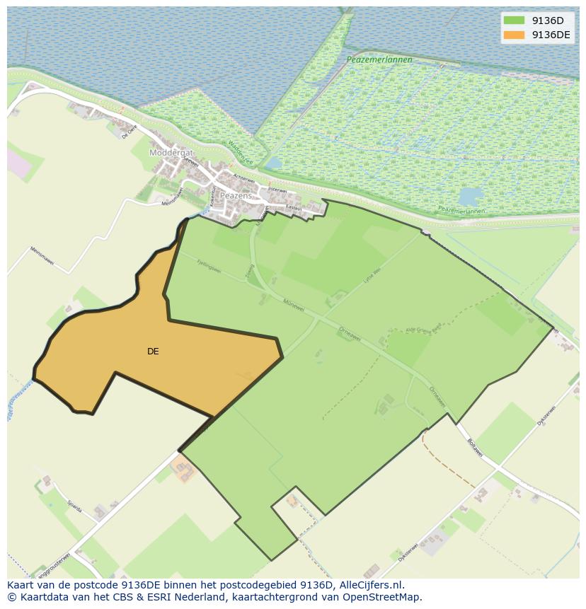 Afbeelding van het postcodegebied 9136 DE op de kaart.