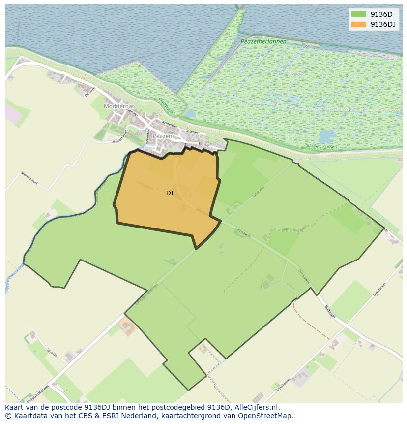 Afbeelding van het postcodegebied 9136 DJ op de kaart.